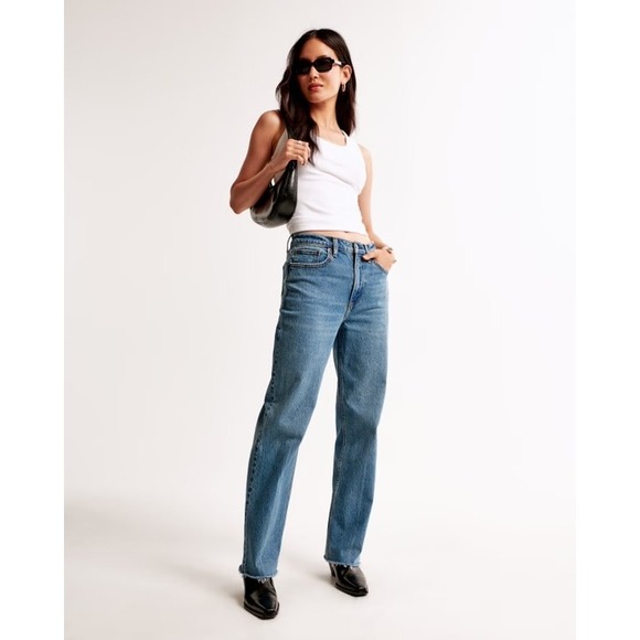 Abercrombie & Fitch The Vintage Straight High Rise Medium Wash Jeans 25 Raw Hem - Picture 3 of 13